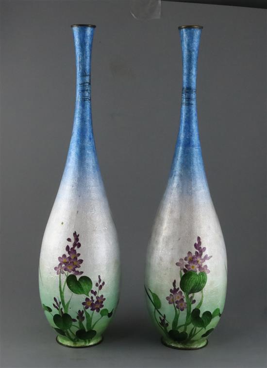 A pair of large Japanese ginbari cloisonne enamel bottle vases, c.1910, vases H.61.5cm, some cracks to enamel